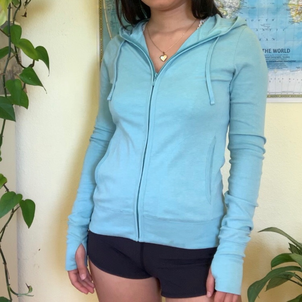Turquoise zip-up hoodie jacket thumb holes blue
